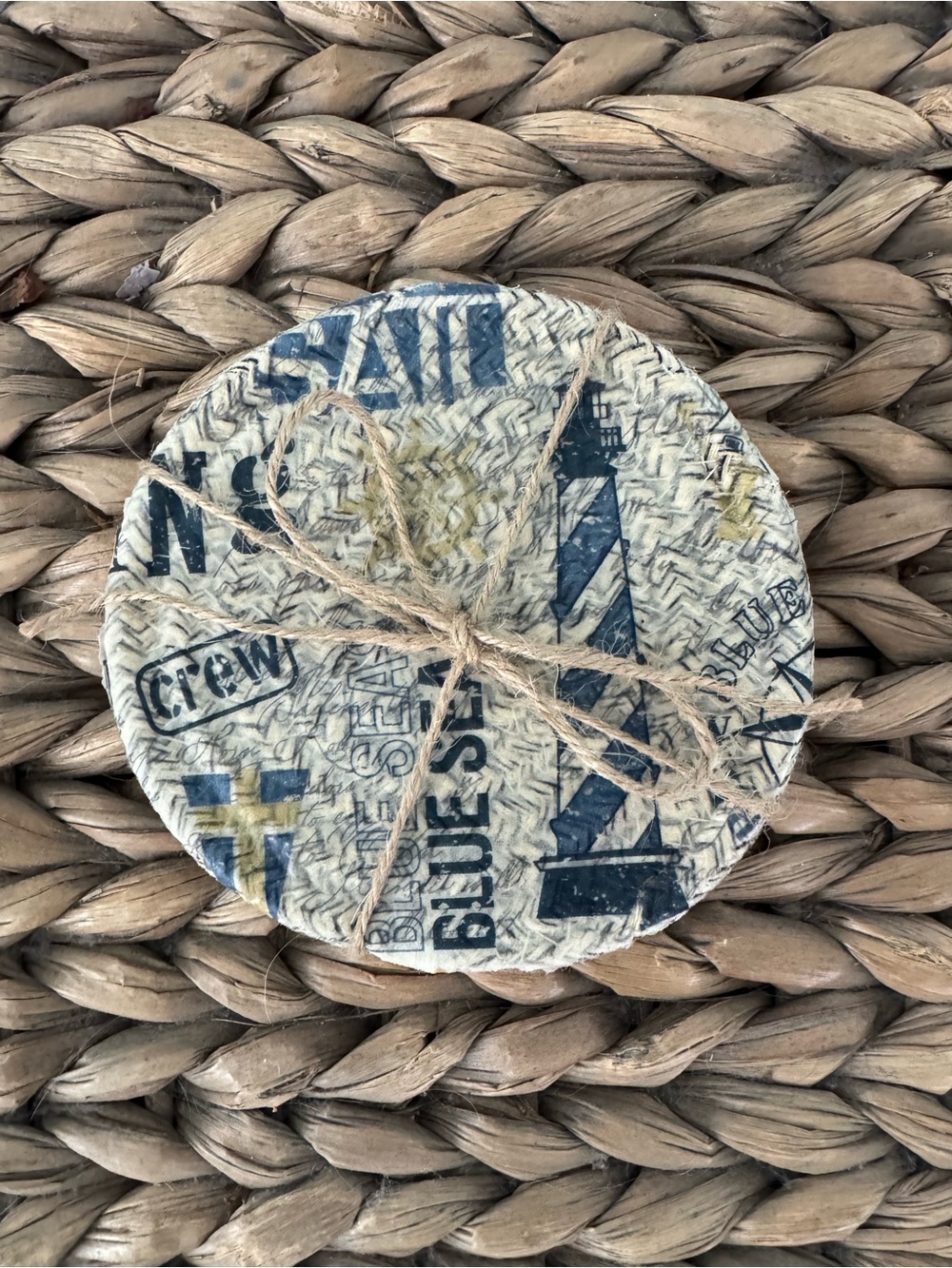 Set of 4 Blue & Cream Nautical Printed Round Coasters